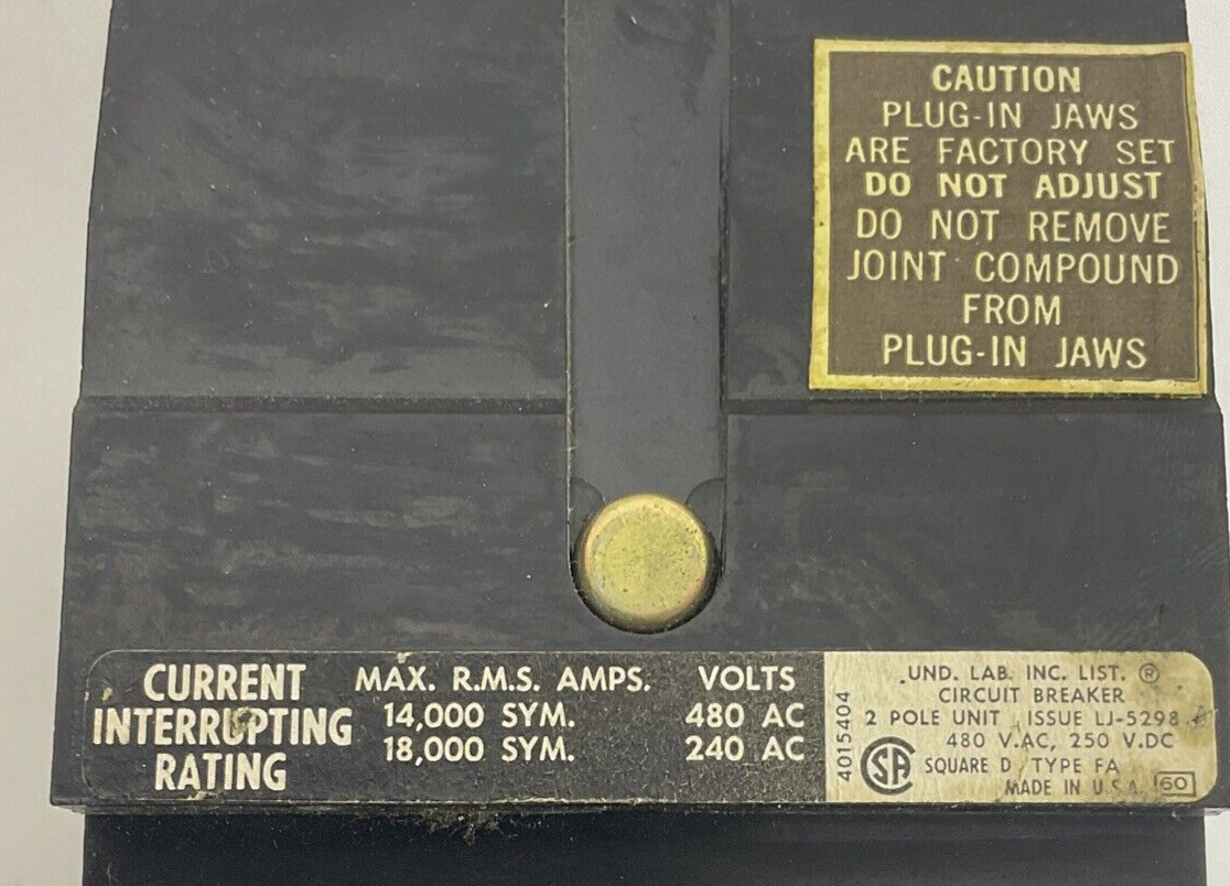 SQUARE D FA 24020AB CIRCUIT BREAKER SER.1 480VAC 250VDC 2POLE