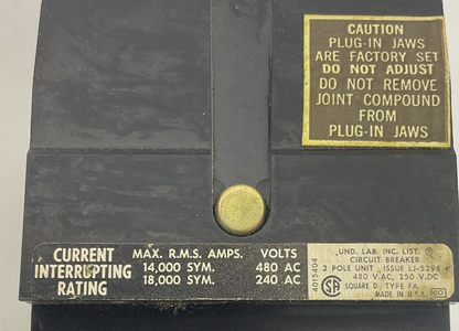 SQUARE D FA 24020AB CIRCUIT BREAKER SER.1 480VAC 250VDC 2POLE