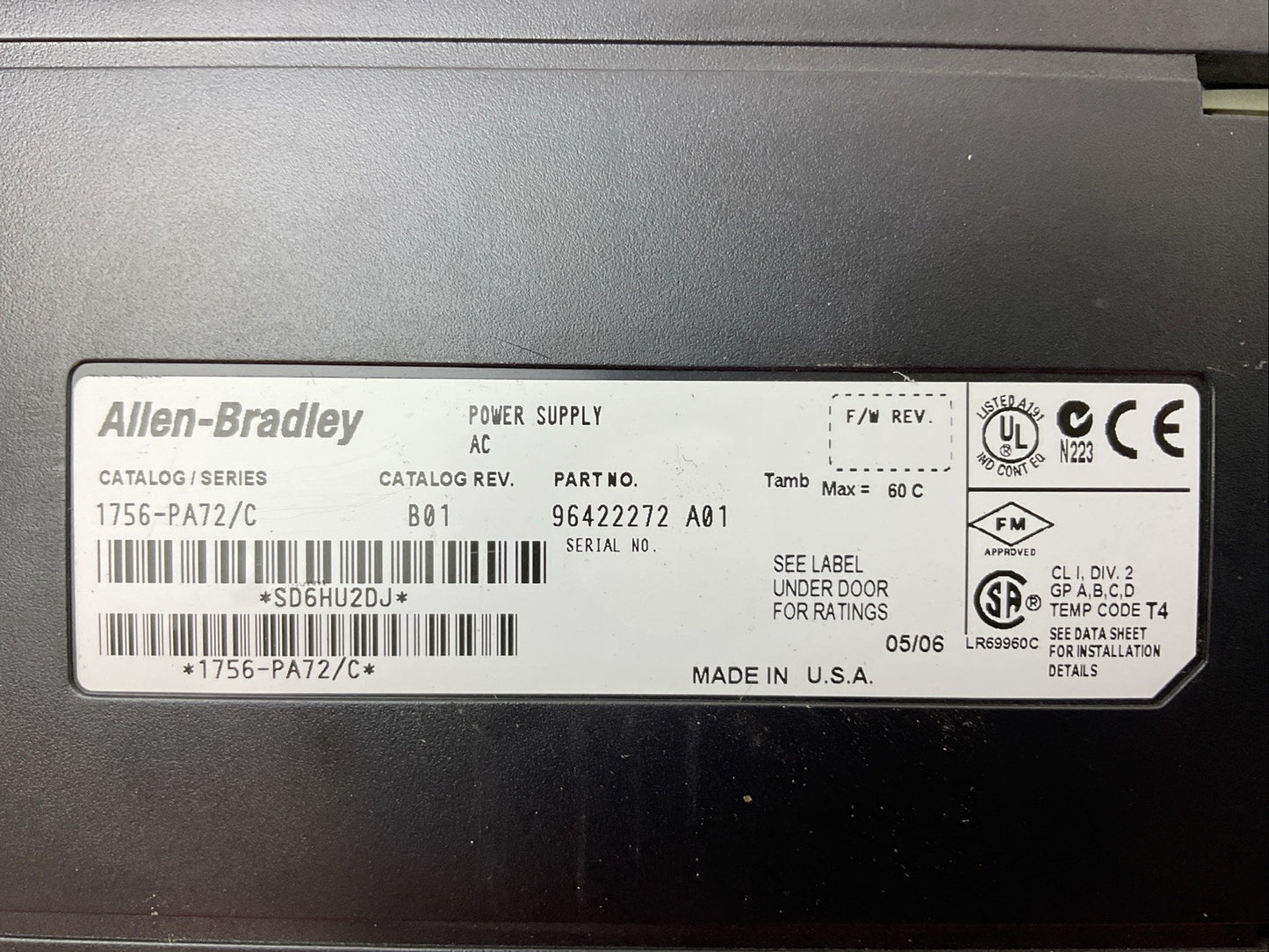 ALLEN-BRADLEY 1756-PA72 SER C CAT REV B01 POWER SUPPLY AC