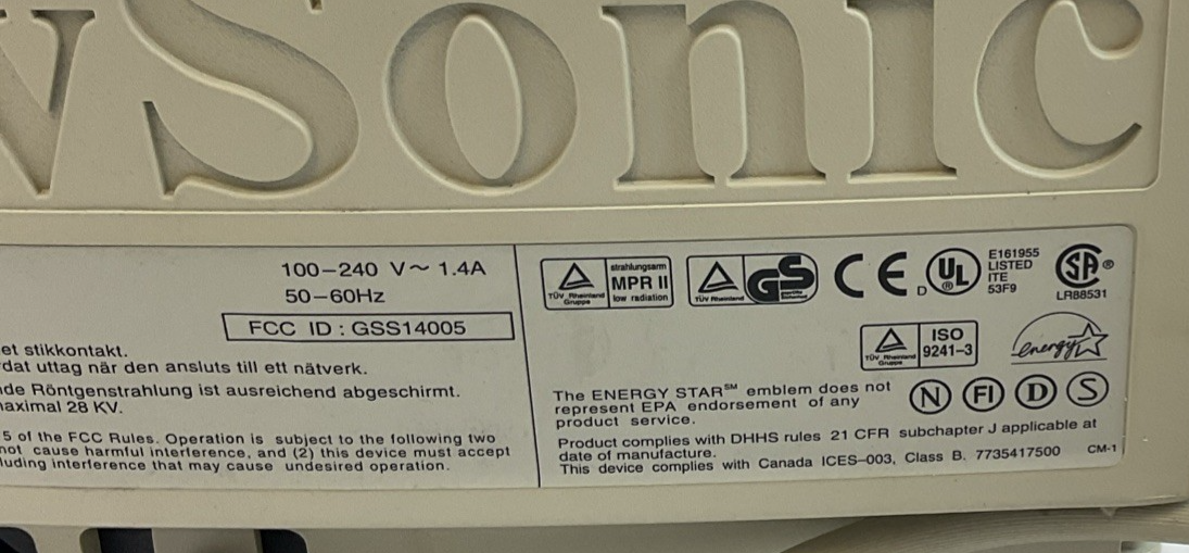 VIEWSONIC VCDTS21356-2M COMPUTER MONITOR 240VAC 1.4A 50-60HZ E641