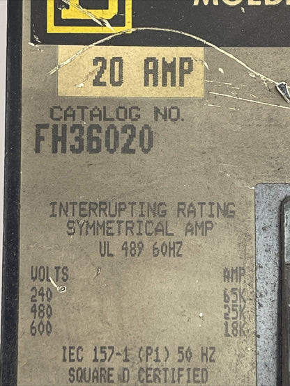 SQUARE D FH36020 MOLDED CASE CIRCUIT BREAKER 20A 600VAC 250VDC 3POLE