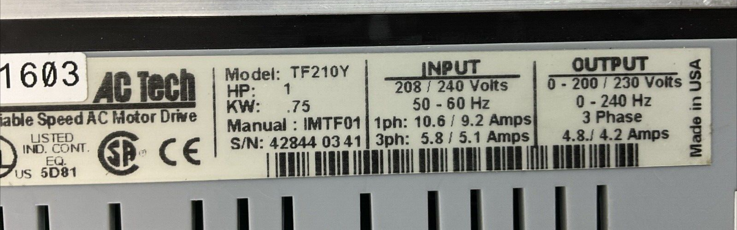 AC TECH TF210Y VARIABLE SPEED AC MOTOR DRIVE 1HP .75KW OUTPUT 230V 3PH 4.2AMP