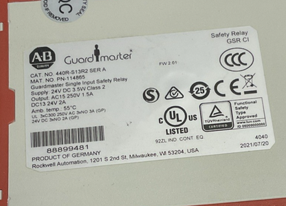 ALLEN BRADLEY 440R-S16R2 SAFETY RELAY SER.A 24VDC 3.5W FW:2.01