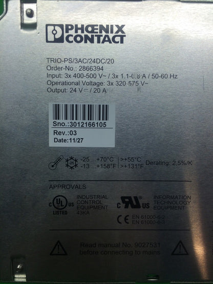 PHOENIX CONTACT TRIO-PS/3AC/24DC/20 POWER SUPPLY