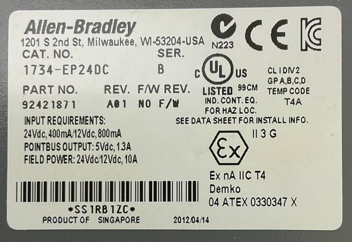 ALLEN BRADLEY 1734-EP24DC SER B REV A01 F/W REV NO F/W EXPANSION POWER 24VDC