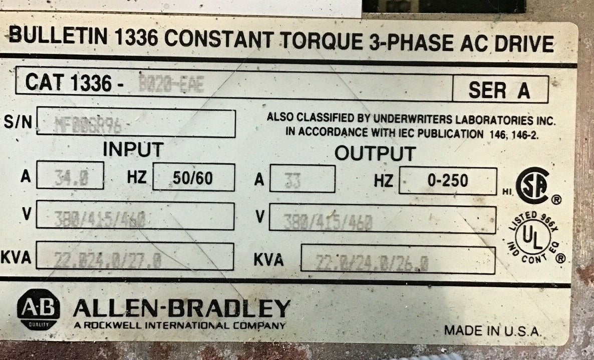 ALLEN BRADLEY 1336-B020-EAE SER.A CONSTANT TORQUE AC DRIVE
