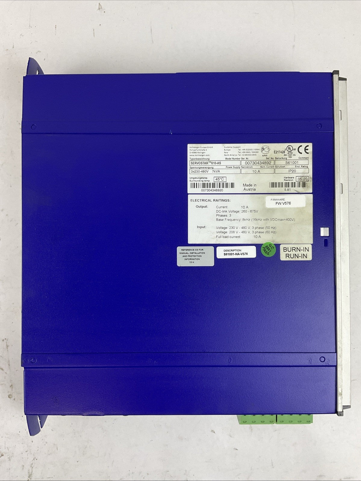 KOLLMORGEN SERVOSTAR 610-AS SERVO DRIVE OUTPUT DC-LINK VOLTAGE 260-675V 10A 3PH