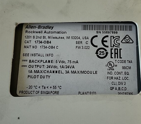 ALLEN BRADLEY  1734-OB4 OUTPUT MODULE SER.C FW3.022 5VDC 75MA