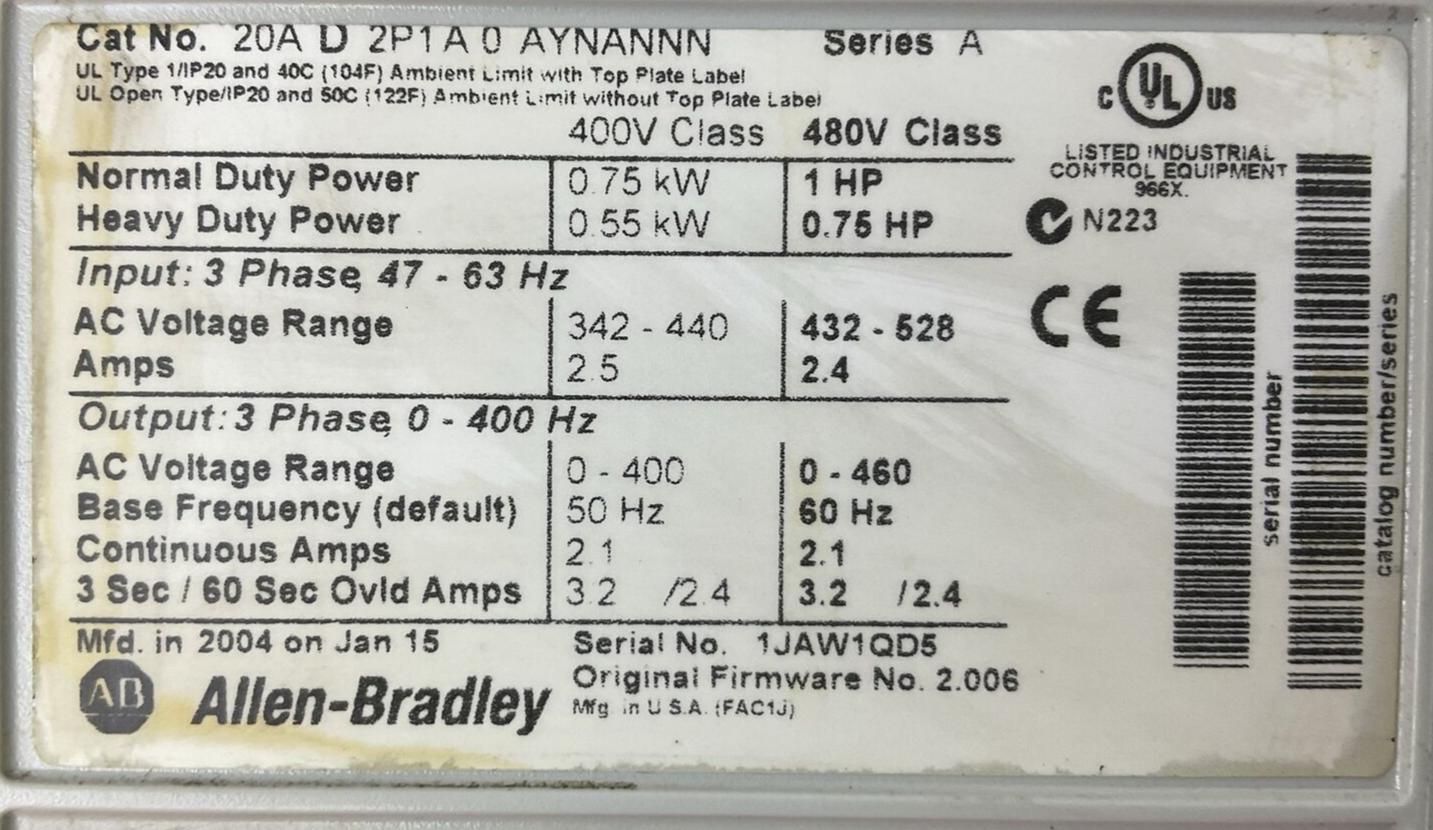 ALLEN BRADLEY 20AD2P1A0AYNANNN SER A FW 2.006 AC DRIVE 20-HIM-A3 SER C FW V6.001