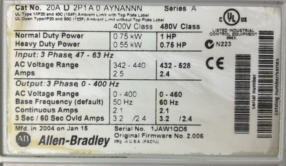 ALLEN BRADLEY 20AD2P1A0AYNANNN SER A FW 2.006 AC DRIVE 20-HIM-A3 SER C FW V6.001