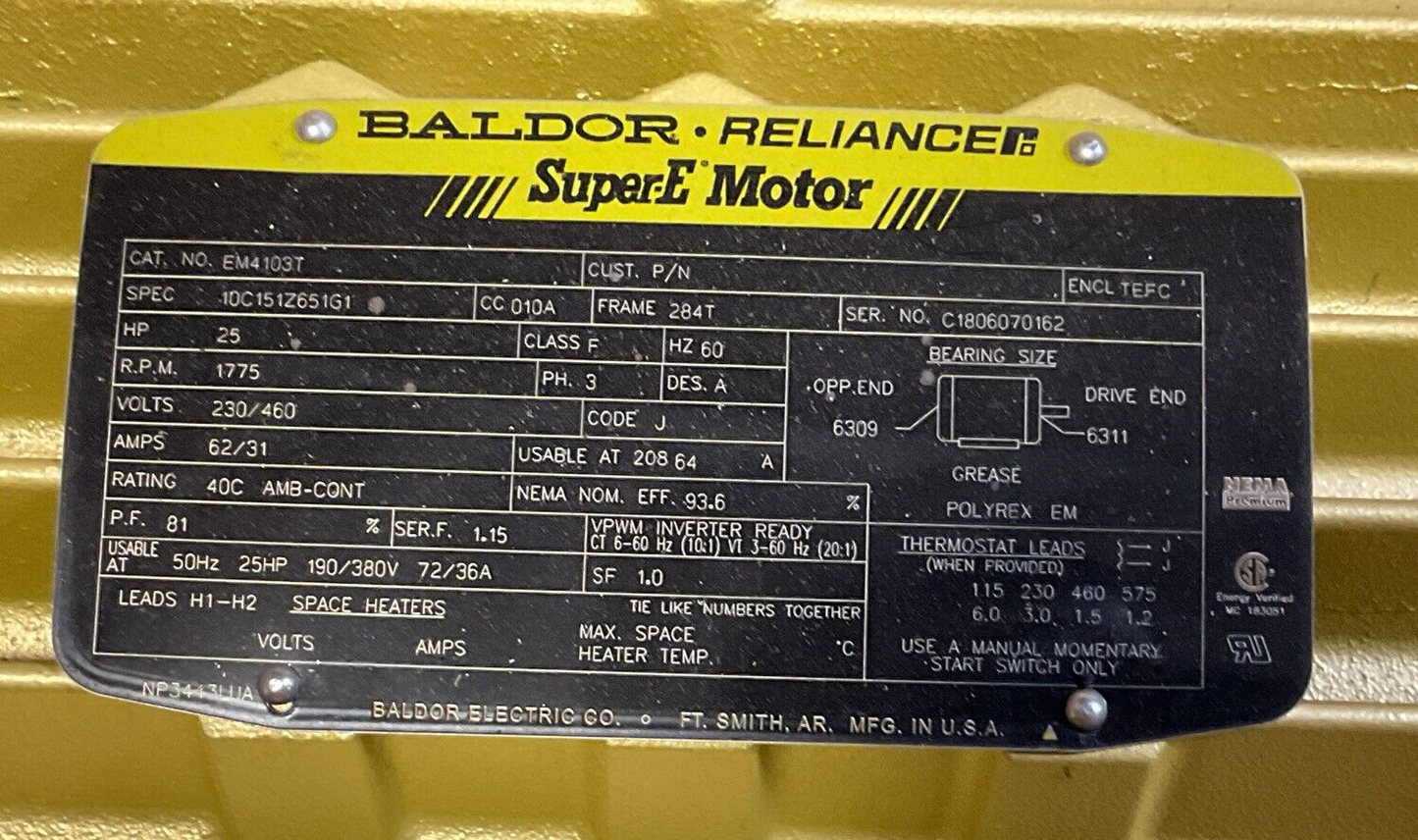 BALDOR EM4103T SUPER-E MOTOR 25HP 1775RPM 3PH 230/460V 62/31A