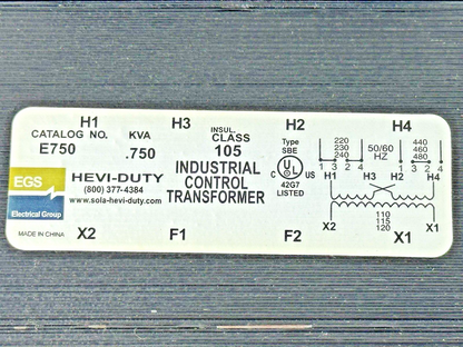 EGS - E750 - INDUSTRIAL CONTROL TRANSFORMER - KVA .750, 50/60HZ WITH FUSES