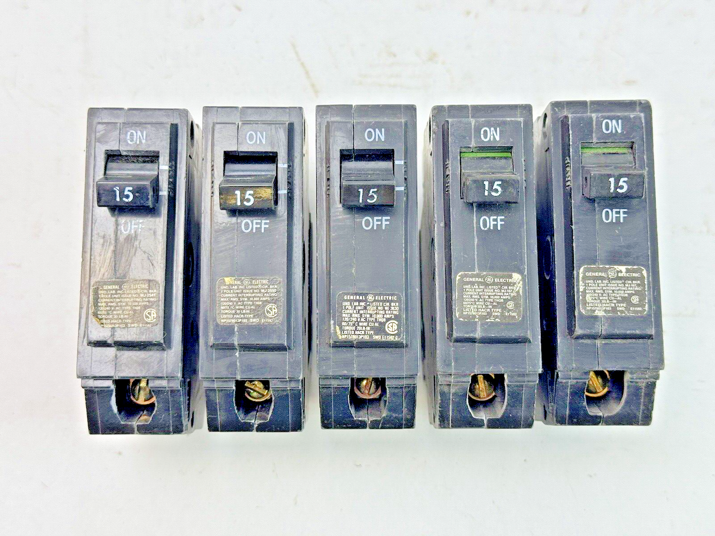 GE **LOT OF 5** - THQB115 - CIRCUIT BREAKERS - 1 POLE, 15 A, 240 VAC, TYPE THQB