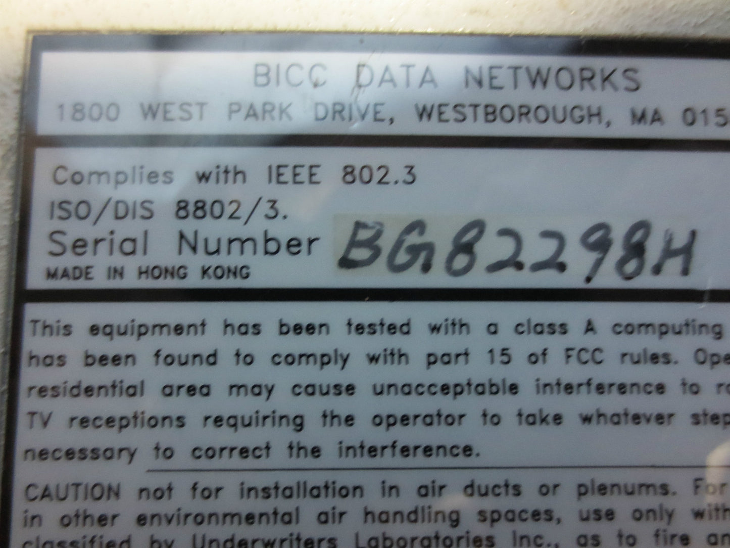 BICC DATA NETWORKS 1114 IEEE802-3 TRANSCEIVER 10Mbps