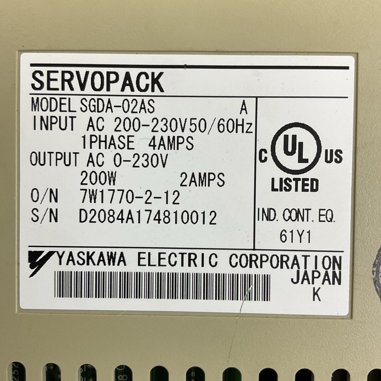 YASKAWA SGDA-02AS SERVOPACK 230VAC SERVO DRIVE