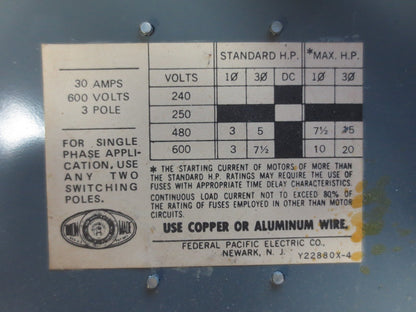 FEDERAL PACIFIC QMQB-3336 TWIN PANELBOARD SWITCH - 30A, 600VAC, 3POLE