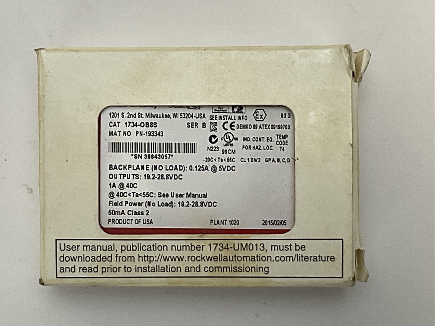 ALLEN BRADLEY 1734-OB8S SER B SAFETY OUTPUT MODULE OUTPUT 19.2-28.8VDC 1A @ 40C