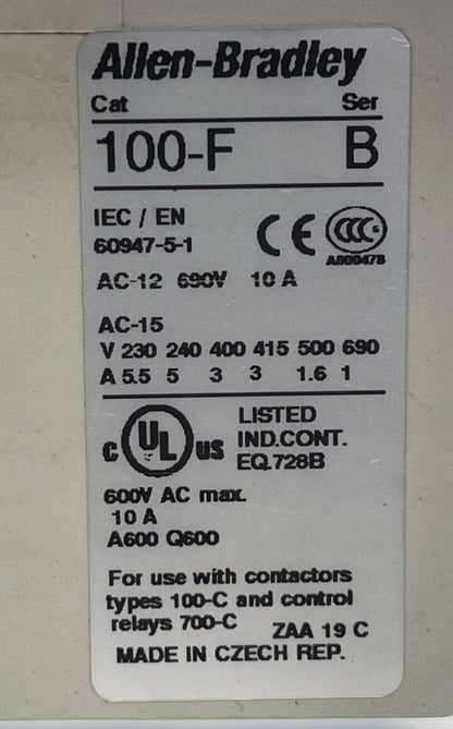 ALLEN BRADLEY 100-C09D*10 SER A CONTACTOR 600VAC 25A 7.5HP 3PH 100-F SER B 10A