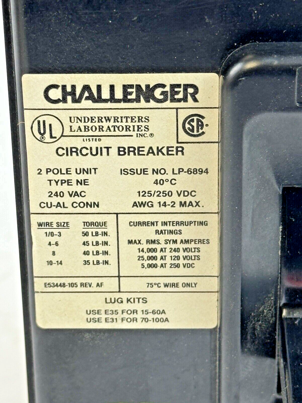 CHALLENGER / FPE - NE224020 - MOLDED CIRCUIT BREAKER - 2 POLE, 240 VAC, 20 A-NEW