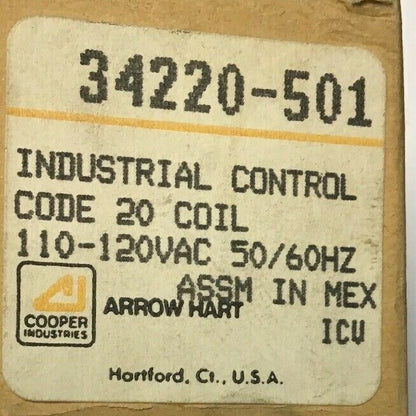 COOPER/ ARROW HART 34220-501 INDUSTRIAL CONTROL CODE 20 COIL 110-120VAC 50/60HZ