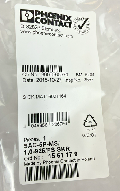 PHOENIX CONTACT SAC-5P-MS/1,0-925/FS BUS SYSTEM CABLE***LOTOF4***
