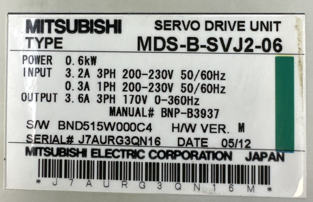 MITSUBISHI MDS-B-SVJ2-06 SERVO DRIVE H/W VER M OUTPUT 3.6A 3PH 170V POWER 0.6kW