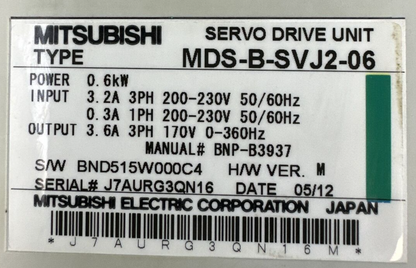 MITSUBISHI MDS-B-SVJ2-06 SERVO DRIVE H/W VER M OUTPUT 3.6A 3PH 170V POWER 0.6kW