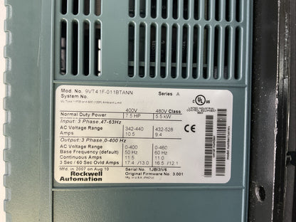 ROCKWELL AUTOMATION 9VT41F-011BTANN AC DRIVE SER A 400V 7.5HP FIRMWARE NO 3.001