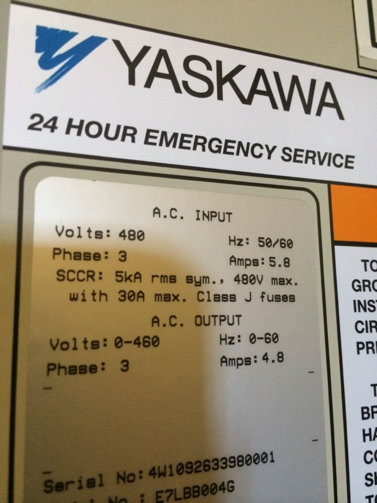 YASKAWA E7 E7LBB004G AC DRIVE INPUT 480VAC 5.8 AMP 3PH OUTPUT 0-460VAC 4.8A 3PH