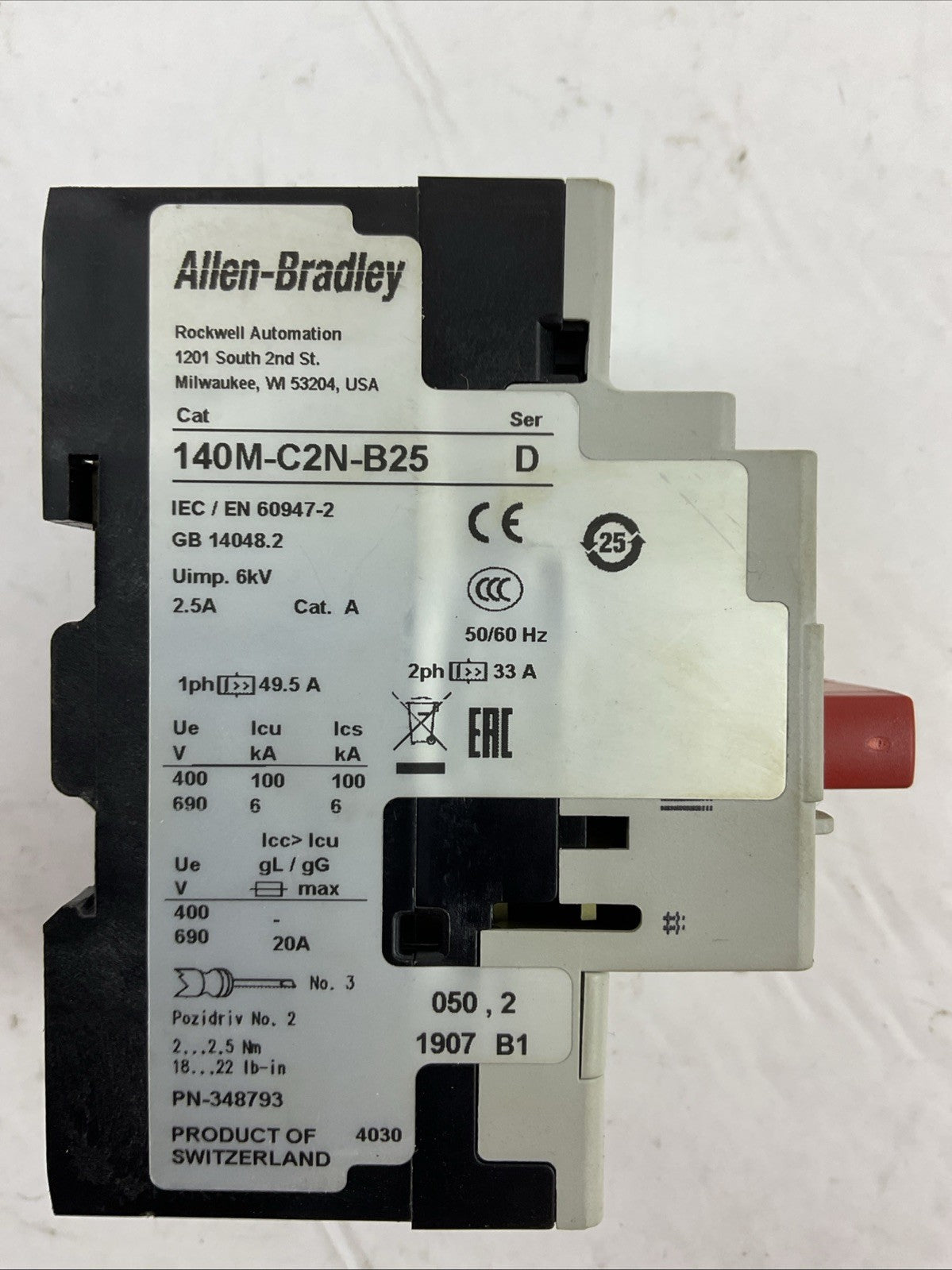 ALLEN BRADLEY 140M-C2N-B25 SER D MOTOR PROTECTOR 2.5A 140M-C-A SER A 600VAC