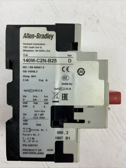 ALLEN BRADLEY 140M-C2N-B25 SER D MOTOR PROTECTOR 2.5A 140M-C-A SER A 600VAC