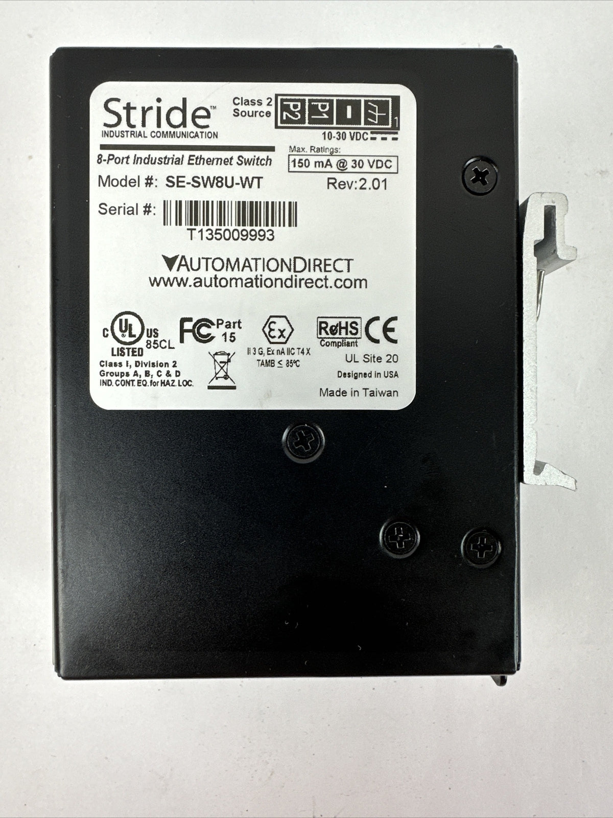STRIDE SE-SW8U-WT 8-PORT INDUSTRIAL ETHERNET SWITCH 150mA @ 30VDC REV 2.01