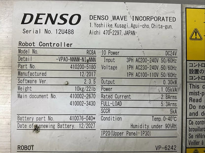 DENSO VP-6242M INDUSTRIAL AXIS ROBOT ARM WITH DENSO RC8A ROBOT CONTROLLER