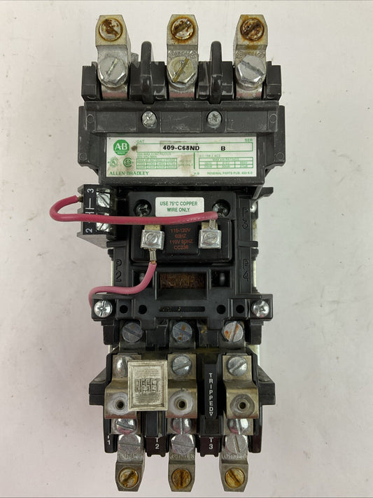 ALLEN BRADLEY 409-C38ND SER B STARTER 68A 600VAC 3PH 60HP COIL 115-120V W72 HEAT