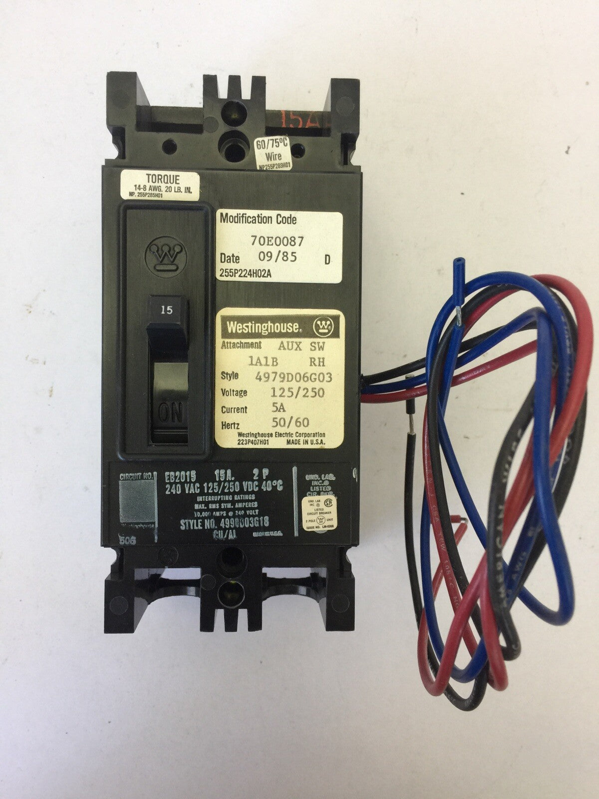 WESTINGHOUSE EB2015 CIRCUIT BREAKER 15AMP 2POLE 240VAC 125/250VDC 4990D03G18