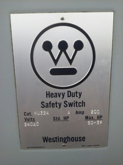 WESTINGHOUSE HU324 NON FUSIBLE SAFETY SWITCH 3P, 200A, 240V, NEMA 1 INDOOR, 50HP