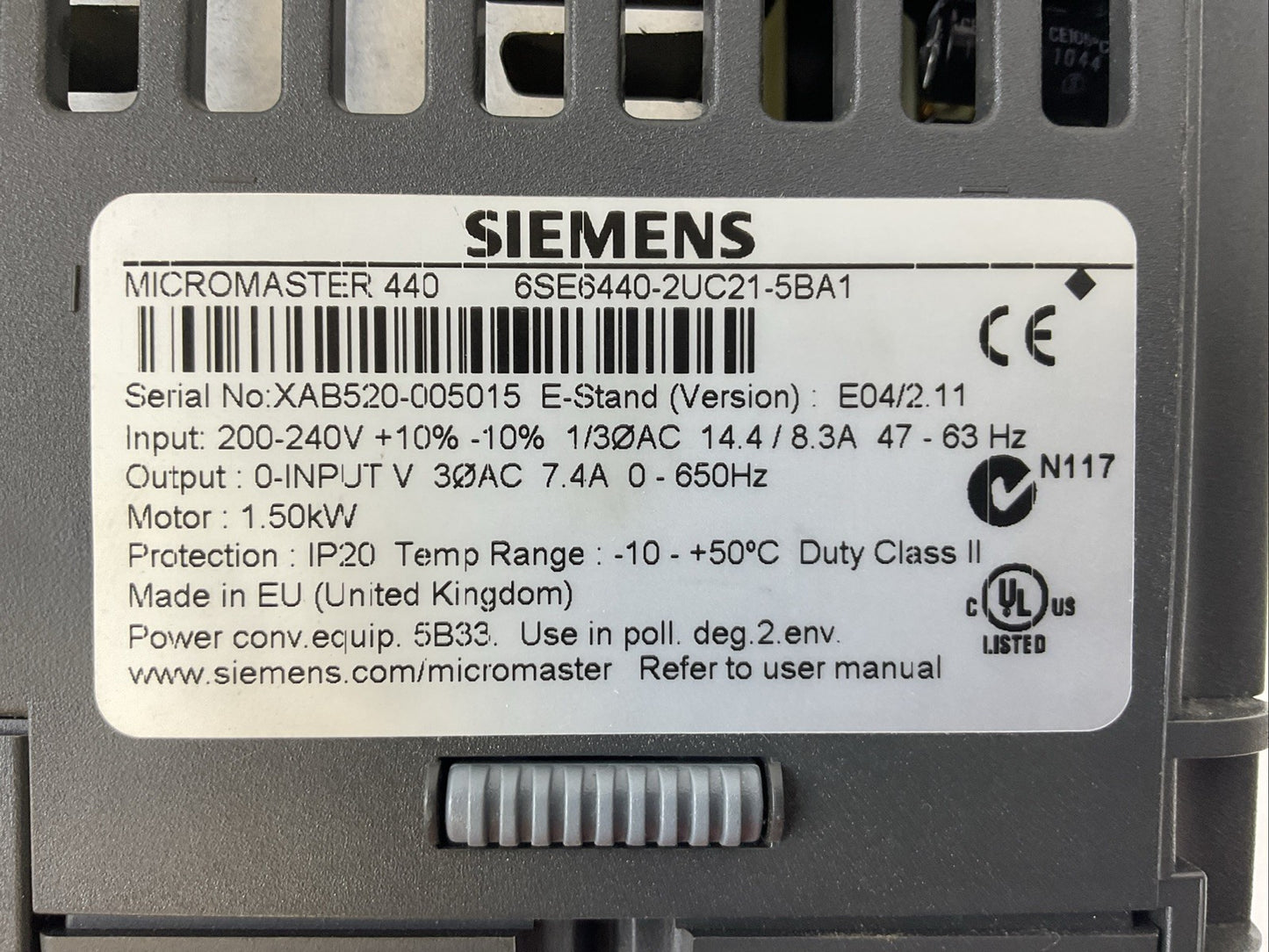 SIEMENS 1P 6SE6440-2UC21-5BA1 AC DRIVE MICROMASTER 440