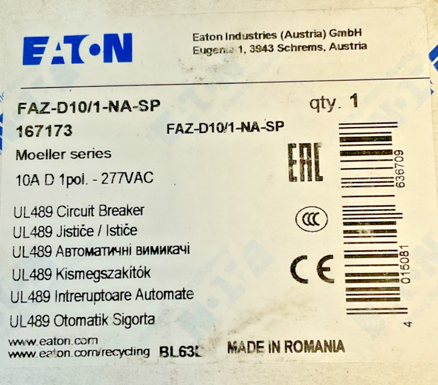 EATON FAZ-D10/1-NA-SP CIRCUIT BREAKER 10A 1POLE 240VAC 50/60HZ CAT.A