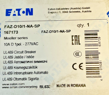 EATON FAZ-D10/1-NA-SP CIRCUIT BREAKER 10A 1POLE 240VAC 50/60HZ CAT.A