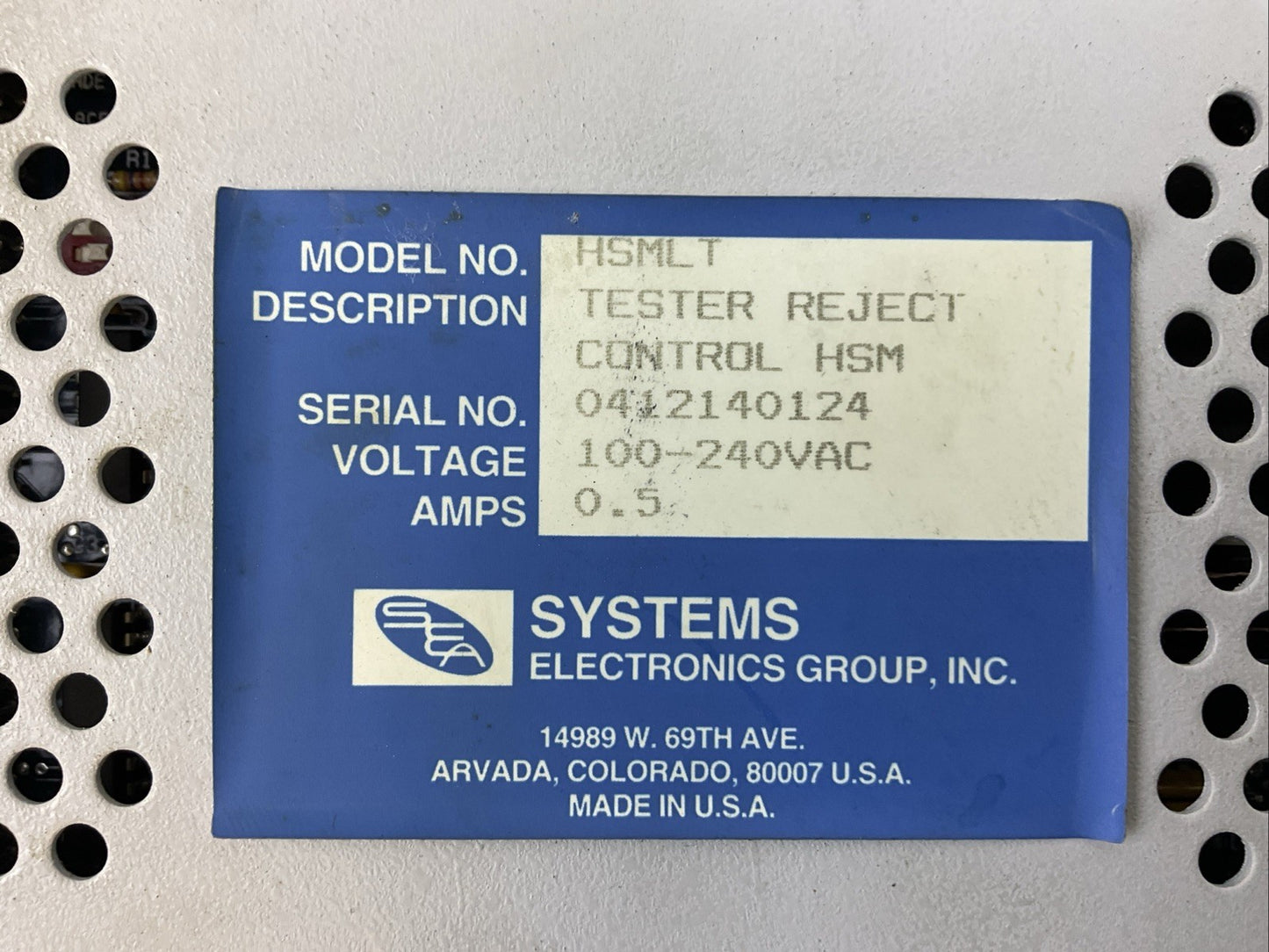 SEA HSMLT TESTER REJECT CONTROL HSM 100-240VAC 0.5A