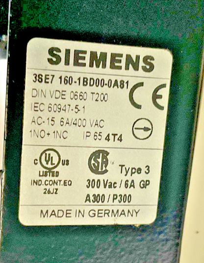 SIEMENS 38E7 160-1BD00-0A81 CABLE OPERATED ROPE SWITCH 6A/400VAC