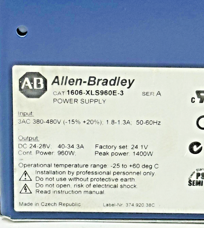 ALLEN-BRADLEY - 1606-XLS960E-3 SER. A - POWER SUPPLY - 3 PH, 960 W, 24 VDC, 40 A