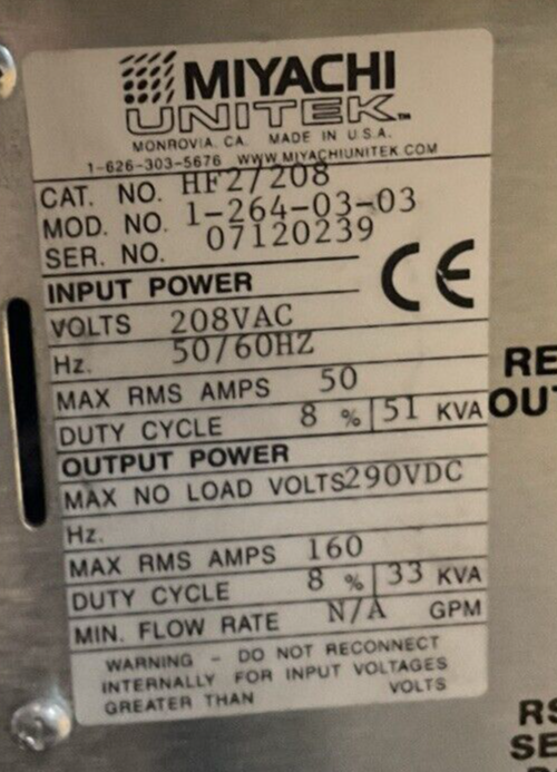 MIYACHI HF2/208 OUTPUT 290VAC 160A 33KVA INPUT 208VAC 50AMP 51KVA 2kHz HIGH FREQ