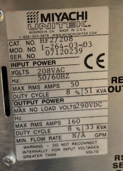 MIYACHI HF2/208 OUTPUT 290VAC 160A 33KVA INPUT 208VAC 50AMP 51KVA 2kHz HIGH FREQ