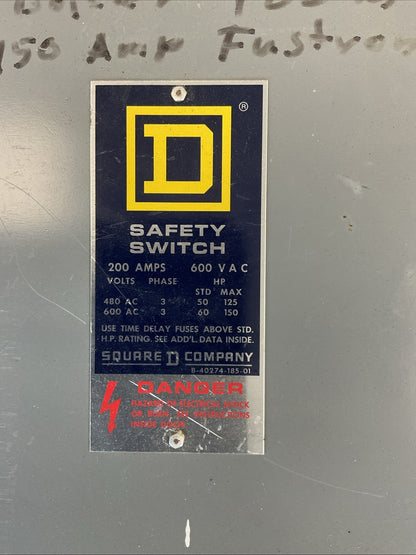 SQUARE D H364 SERIES D2 FUSIBLE SAFETY SWITCH 600VAC 200AMP 3POLE 3PH 150HP