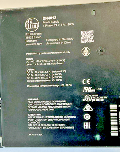 IFM DN4012 POWER SUPPLY 1PH 24V 5A 120W