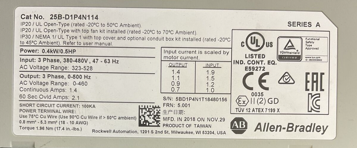 ALLEN BRADLEY 25B-D1P4N114 AC DRIVE FRN 5.001 OUTPUT 0-460VAC SER A POWERFLEX
