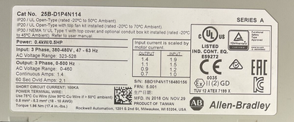 ALLEN BRADLEY 25B-D1P4N114 AC DRIVE FRN 5.001 OUTPUT 0-460VAC SER A POWERFLEX