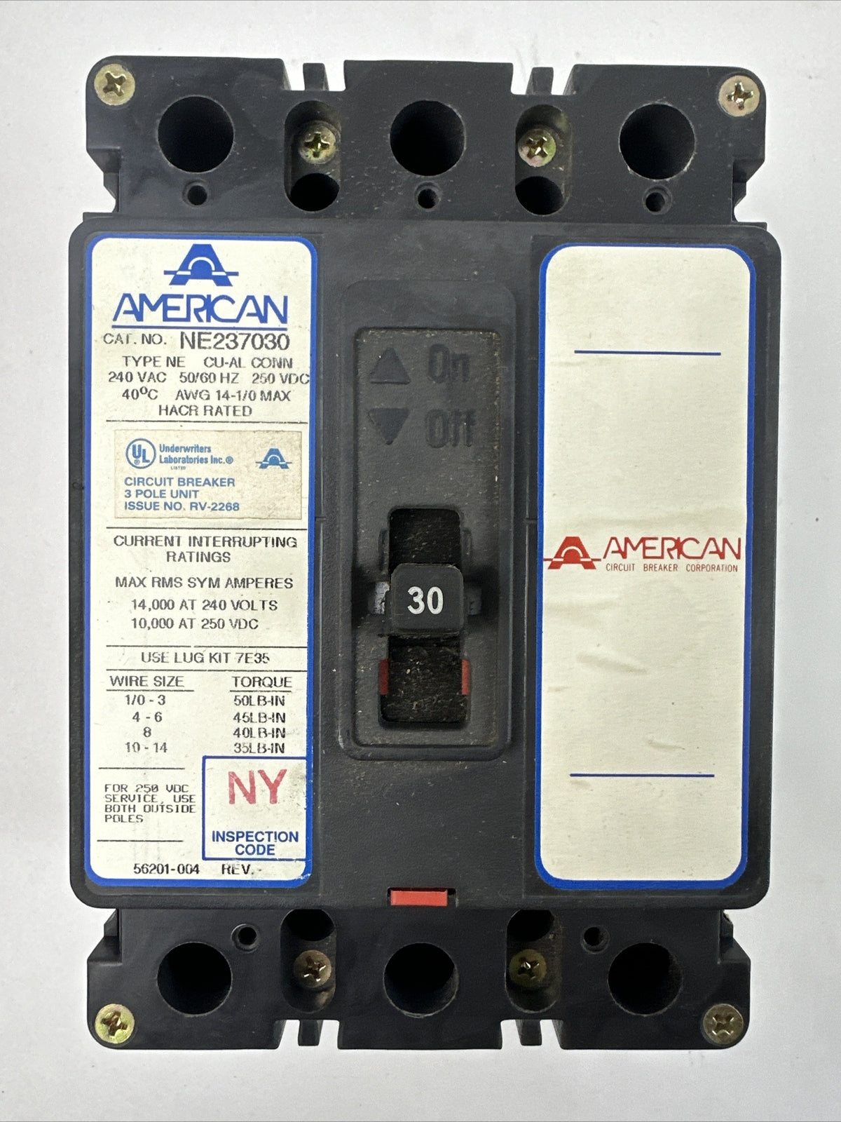 AMERICAN NE237030 CIRCUIT BREAKER 240VAC 250VDC 30AMPS 3POLES