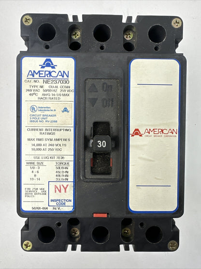 AMERICAN NE237030 CIRCUIT BREAKER 240VAC 250VDC 30AMPS 3POLES